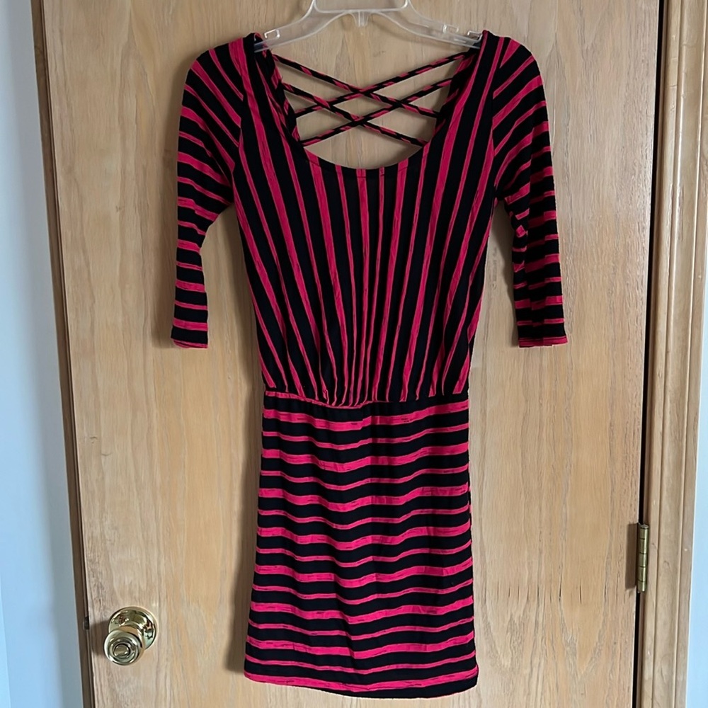 Charlotte Russe Pink Black Striped Bodycon Dress Small Cross Back